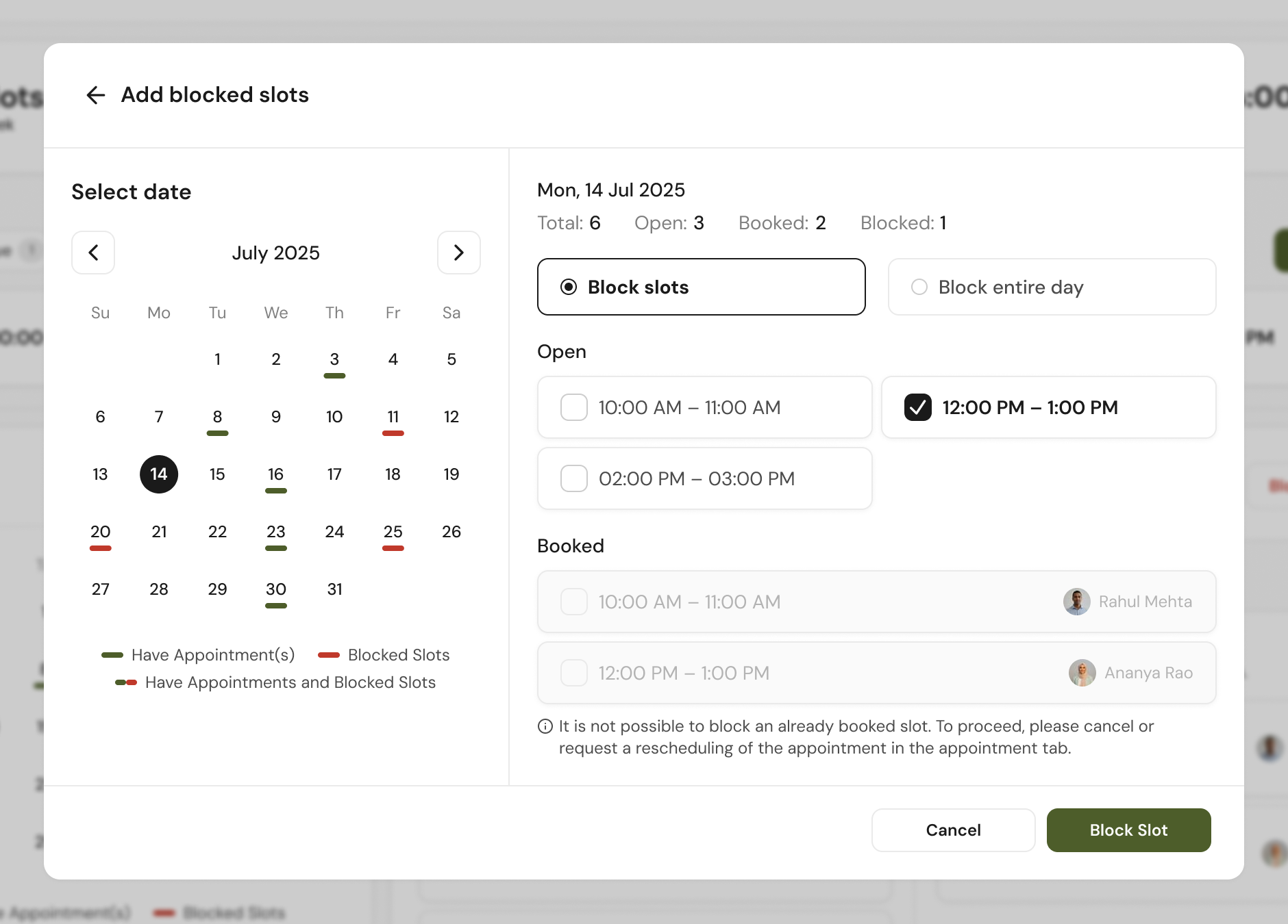 Add blocked slots modal with a calendar, open slots and locked booked slots