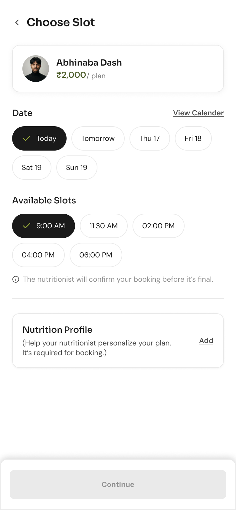 Choose slot screen with the nutrition profile missing and the continue button turned off