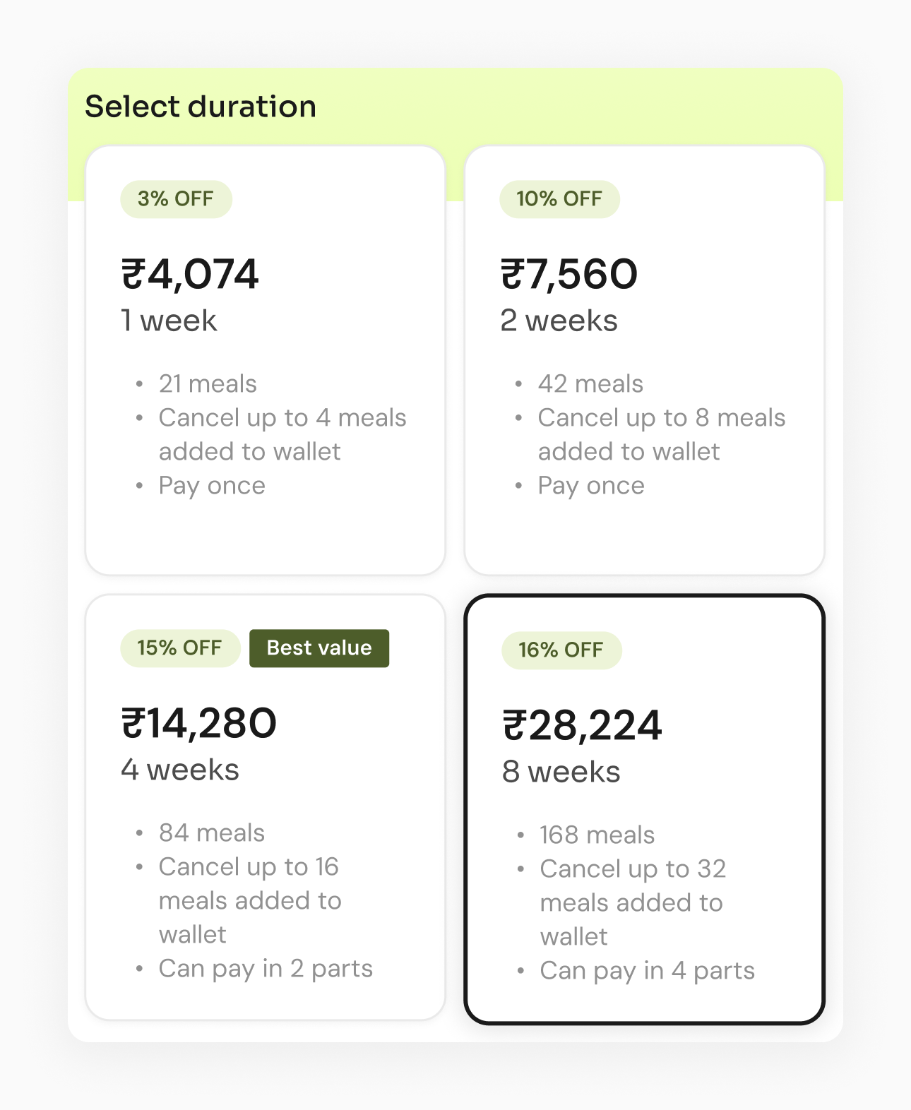 Select duration screen with one, two, four and eight week cards priced as a single total