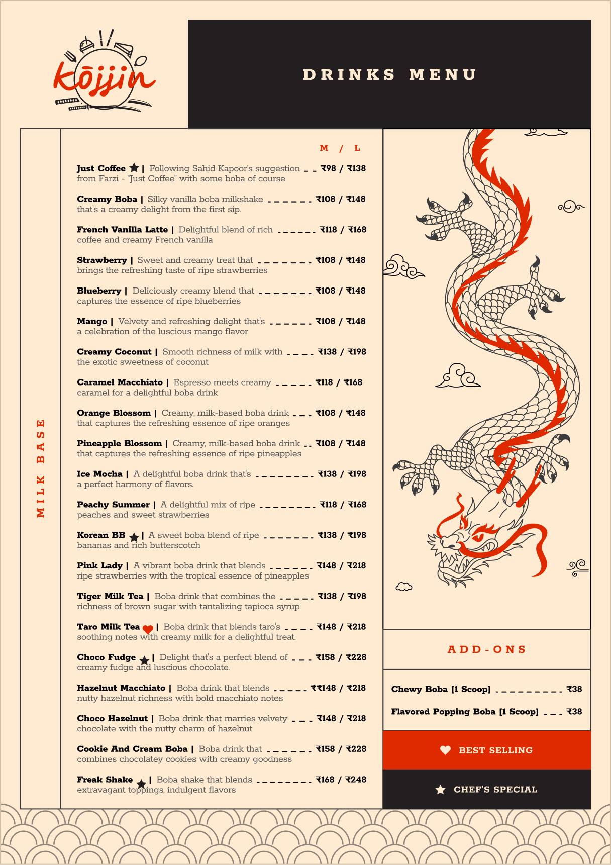 Kojjin, drinks menu, milk base