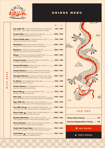 Kojjin, drinks menu, milk base