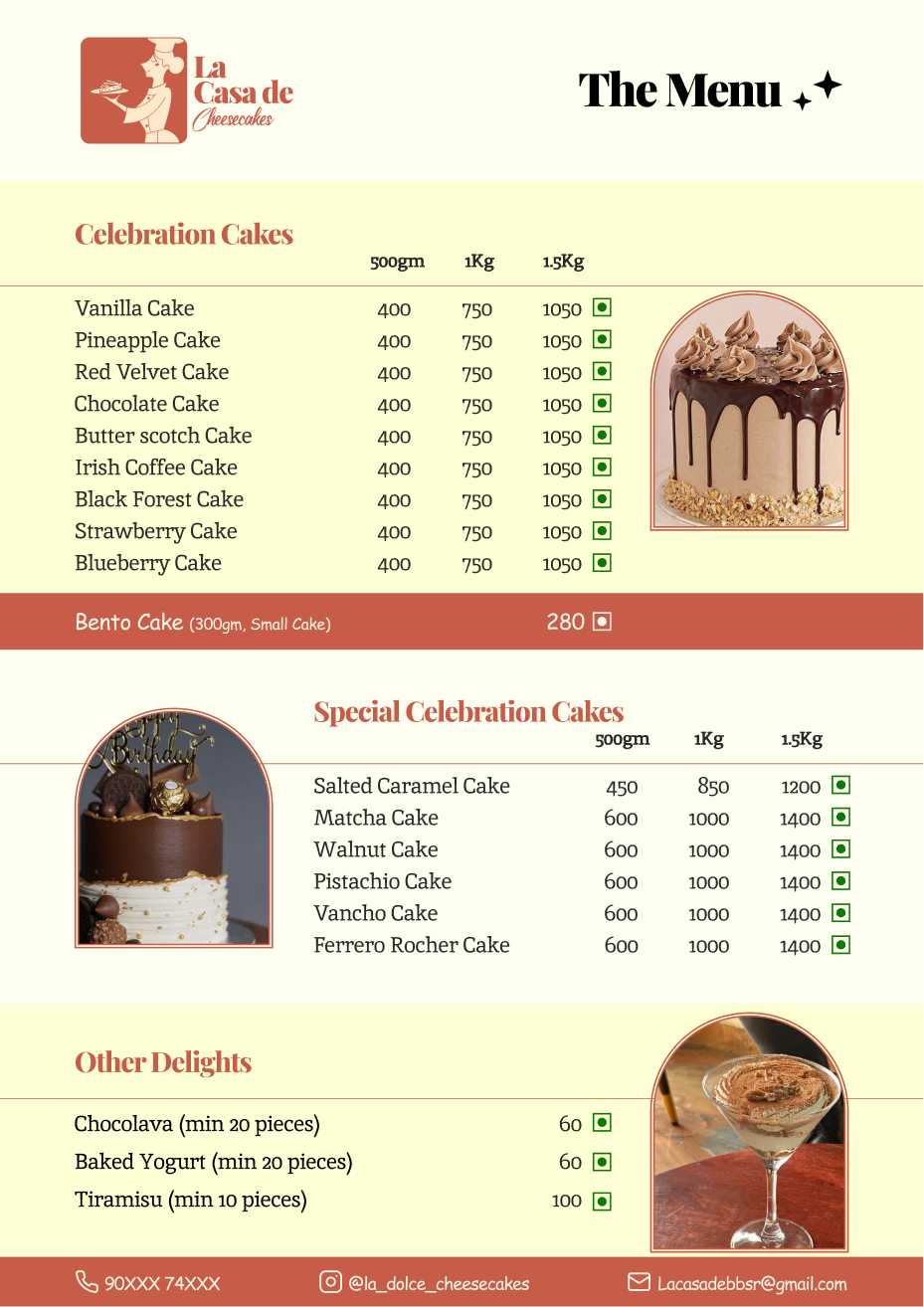 La Casa de Cheesecakes, printed menu card