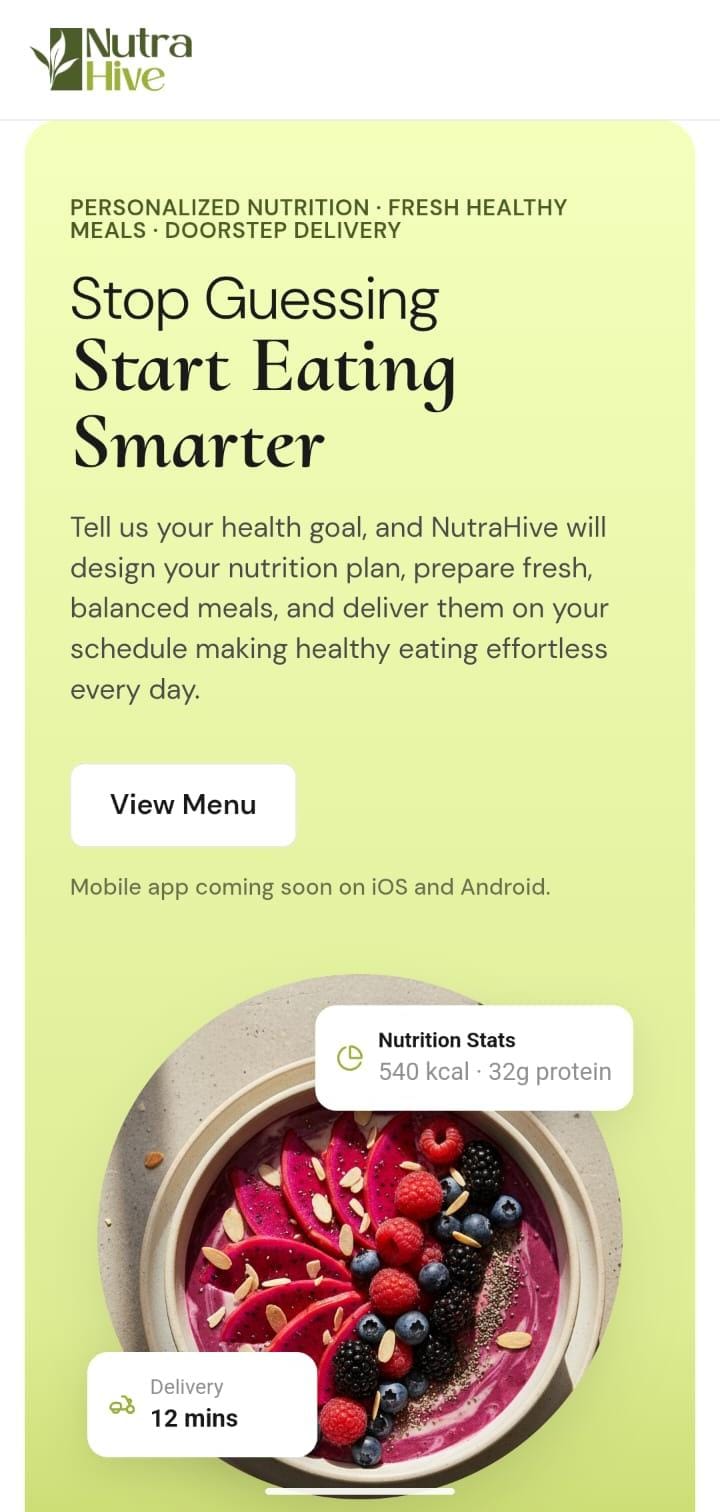 NutraHive mobile hero screen with headline, view menu button and meal bowl