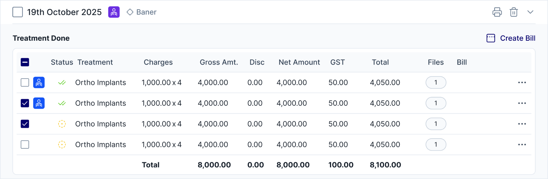 Treatment Done table with completed treatments, GST and totals